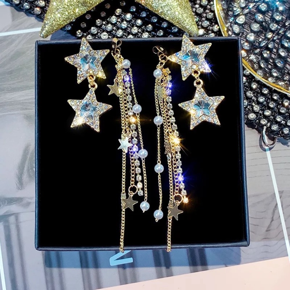 🌺Shiny Star Long Tassel crystal Drop earring - Picture 1 of 16